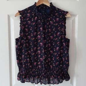 J Crew Navy Ditsy Floral Sleeveless Smocked Mock Neck Top Blouse Size 10